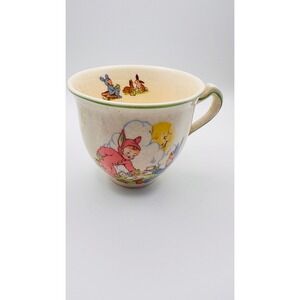 Vintage Ceramic Bunny Suit Children Tea Cup Cream Green Rim Crazed Pottery